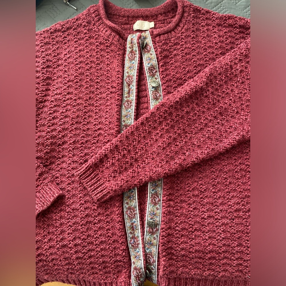 Alps Sweater Sz Large. 80% Cotton20% Acrylic wine color with ribbon, buttons